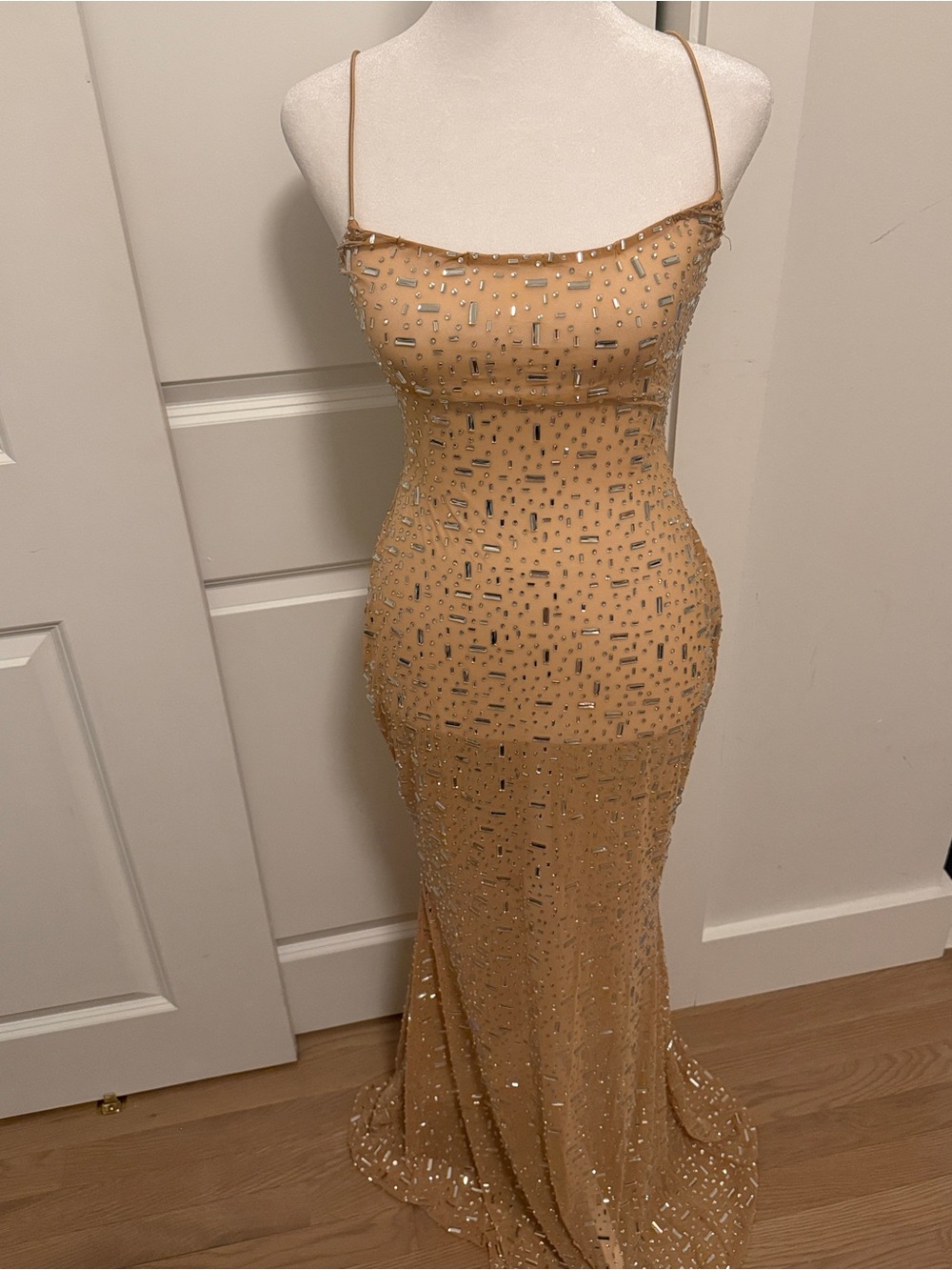 Oh Polly Antonella Sheer Embellished Scoop Neck Evening Gown in Honey